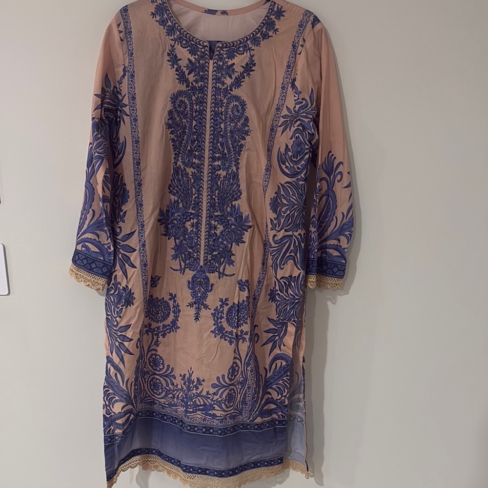 Indian Pakistani shalwar Kameez 3 pc suit indigo purple and beige